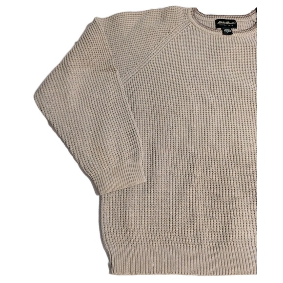 Eddie Bauer Sweater Mens L Oatmeal Waffle Knit Cotton Made in UK Fisherman Crew - Picture 4 of 9